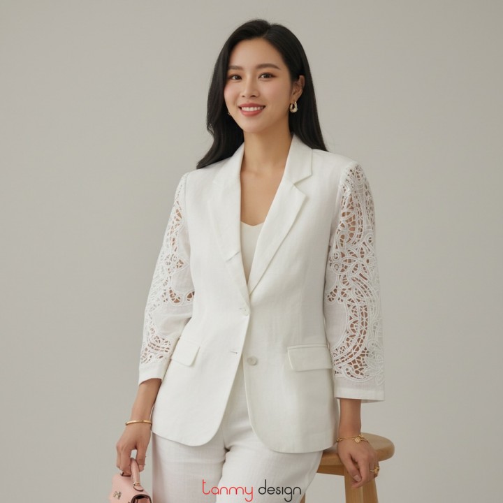 Áo véc cổ chữ K, tay thêu bô đê Linen trắng